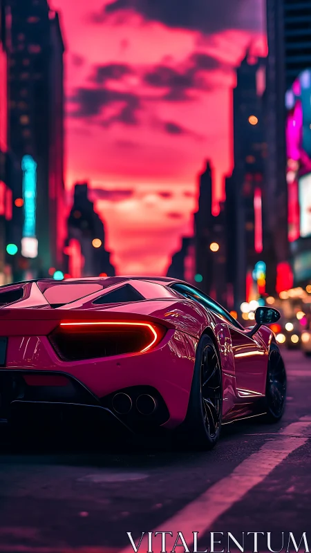 Neon supercar under magenta city sunset with cinematic glow.