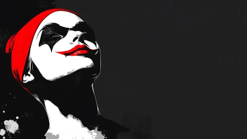 Crimson-mouthed jester queen rising from painted shadows.