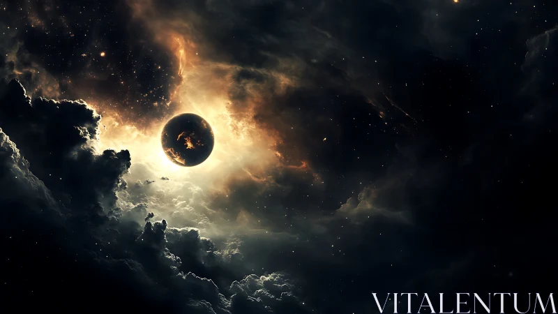 Planetary body is silhouetted against bright cosmic nebula