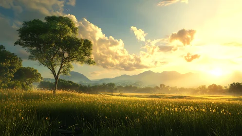 Sunrise pours liquid gold across a whispering meadow