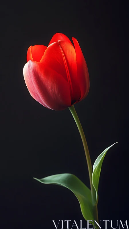 Red tulip macro on black background with studio rim light.
