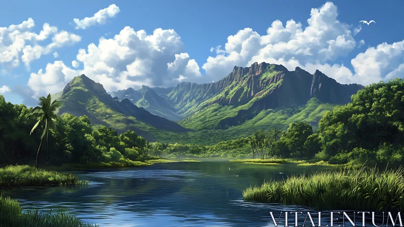 High-fidelity tropical valley landscape with stratified mountain ridges