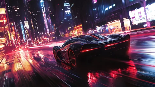 Futuristic sports car moves through wet neon city street