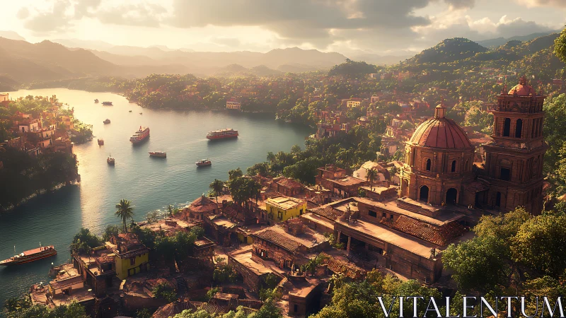 Sunlit river valley city with domed cathedral and boats.