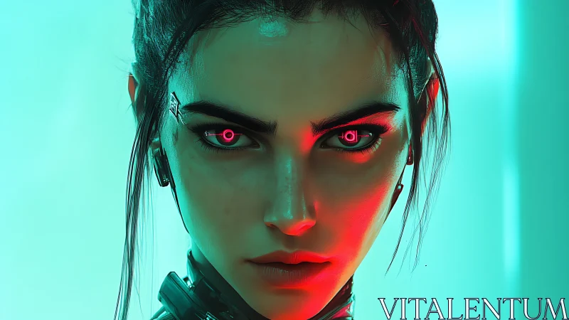 Cybernetic gaze under dual-tone neon optical illumination.