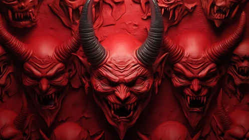 Sculpted demonic masks form a high-relief red horror tableau