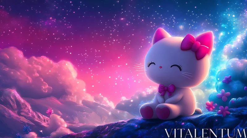 Cartoon cat figurine on stylized cosmic landscape at night.