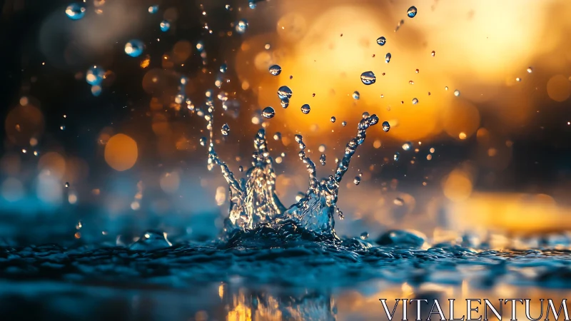 Water splash macro with sharp droplets at sunset light.