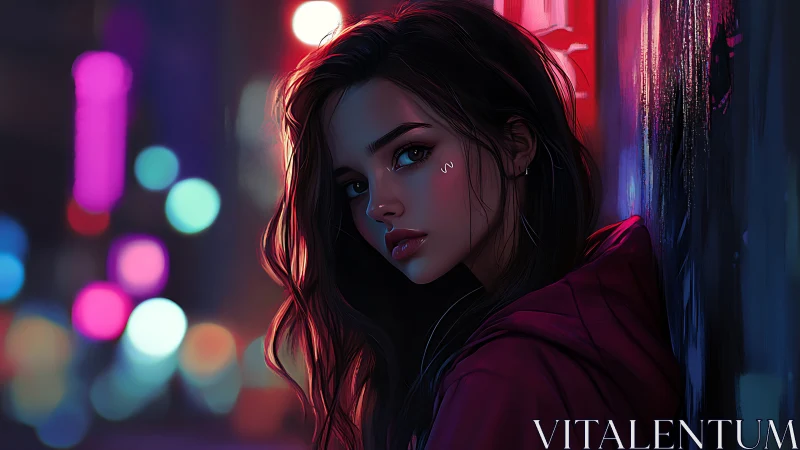 Soft neon night portrait of a thoughtful city dreamer.