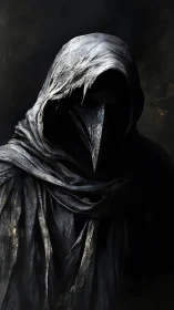 Shrouded plague doctor stands in tattered, shadowed robes