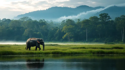 Solitary elephant crosses misty riverside grassland at dawn