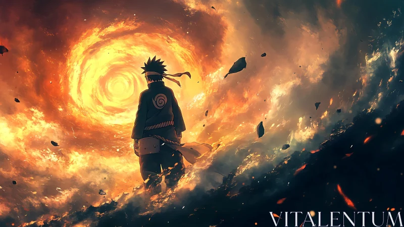 Backlit shinobi silhouette studies swirling fiery vortex dynamics