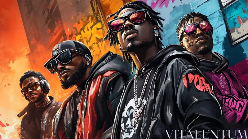 Urban hip hop crew in bold neon graffiti streetscape.