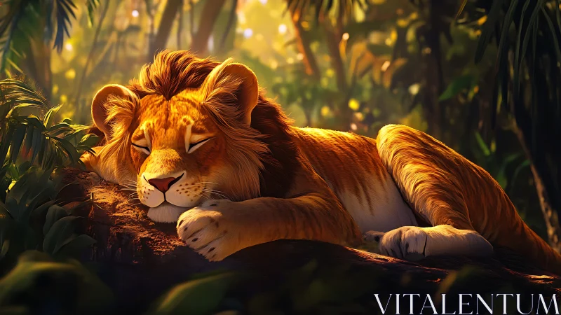Sun-dappled jungle nap with a golden dreamer lion.