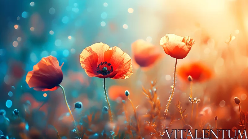 Red Poppies with Backlighting and Bokeh Depth of Field.