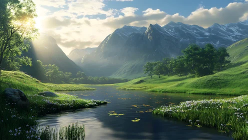 Sunlit alpine river winding through serene green valley.