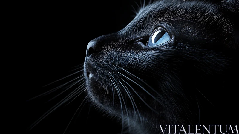 Black Cat with Piercing Blue Eyes Against Dark Background.