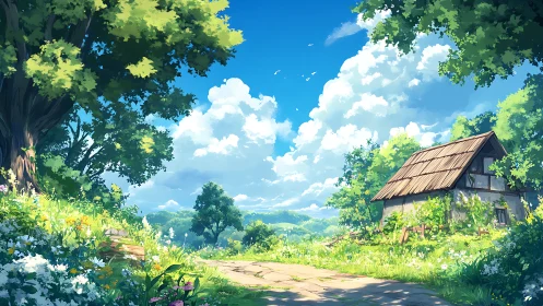 Sunlit country lane welcomes you toward a cozy hillside cottage