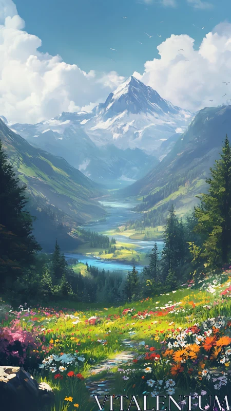 High-altitude alpine valley with wildflower meadow and glacial lake