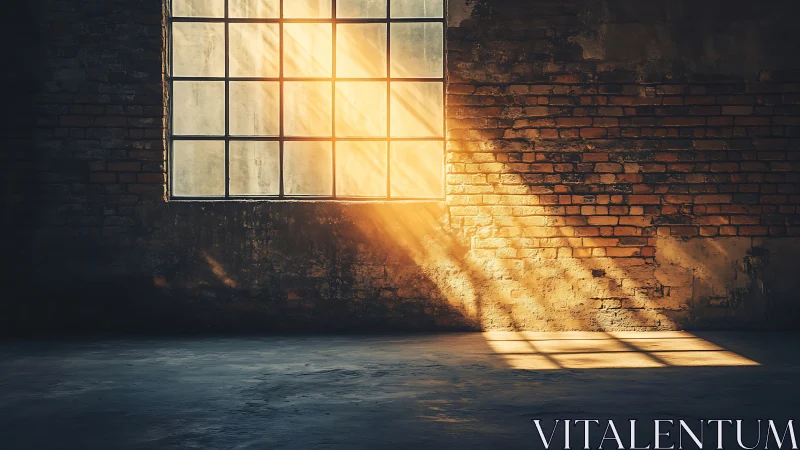 Sunlight passes through industrial window onto brick wall