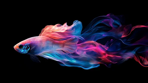 Vibrant betta fish trails luminous neon ribbons across black.