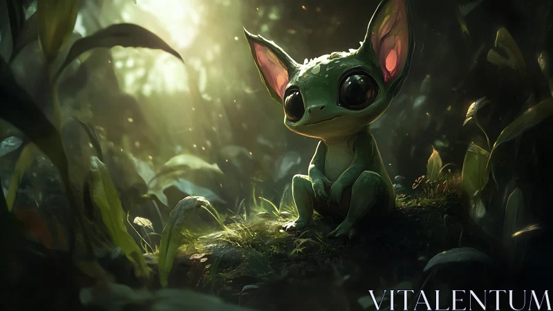 Small green creature sits on moss in dim forest light