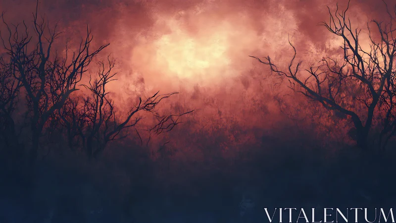 Bare trees frame burning mist sky in dark twilight forest