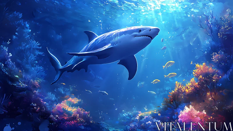 Pelagic shark gliding through refracted light over coral reef.