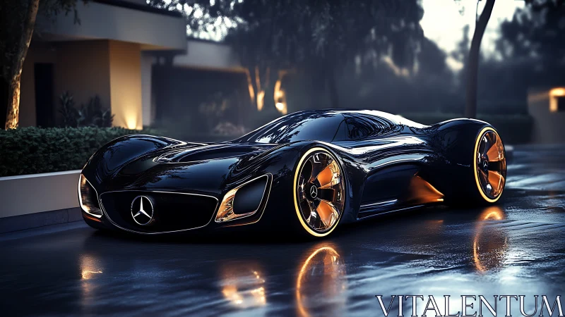 Futuristic black Mercedes concept car on wet driveway.