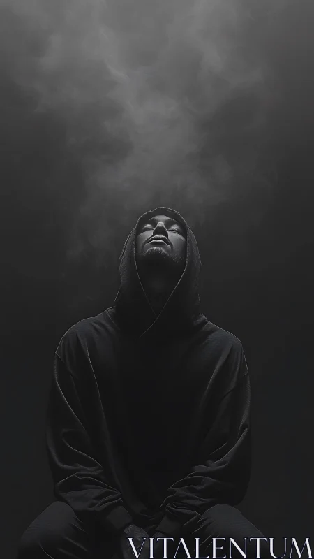 Hooded person in low key lighting beneath rising smoke plume.