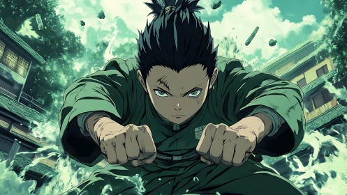 Determined anime fighter charging through water impact.
