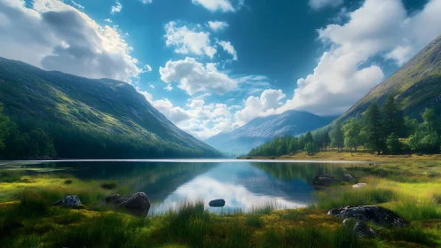 Symmetric alpine lake reflection under volumetric cloudfield.