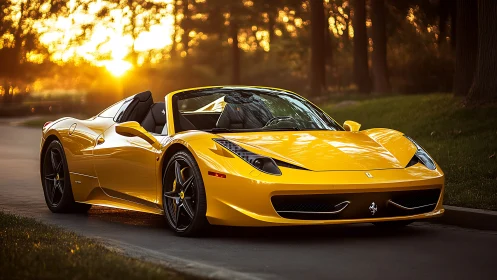 Yellow mid-engine convertible sports car at golden hour on road