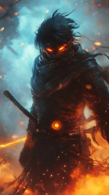 Flaming shadow warrior with glowing blade in stormfire.
