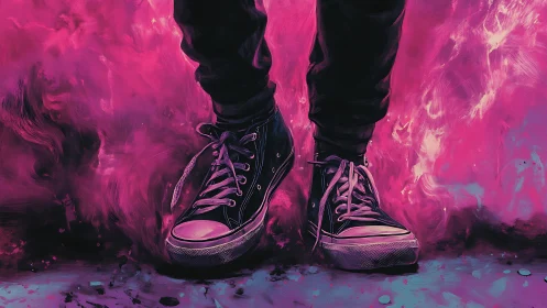 Digital painting of sneakers in neon magenta vapor field.