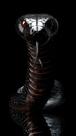 Gleaming black cobra rises from darkness in dramatic focus.