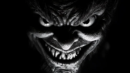 Monochrome close-up shows distorted creature face in shadow