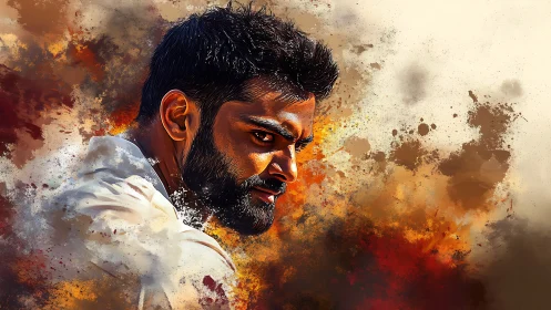 Bearded man in profile rendered with dynamic paint splashes