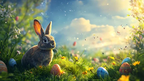 Digitally rendered rabbit sits among decorated eggs outdoors.