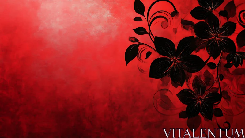 Black Silhouette Flowers Bloom Against Vibrant Red Background.