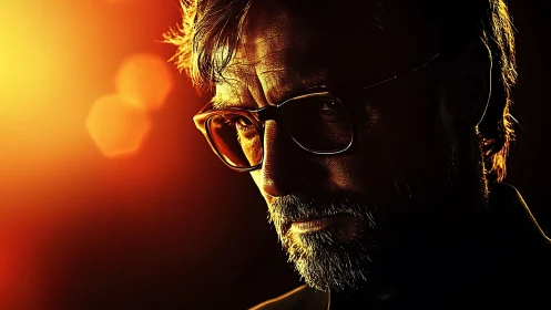 Brooding bearded man in glasses under molten rim light.