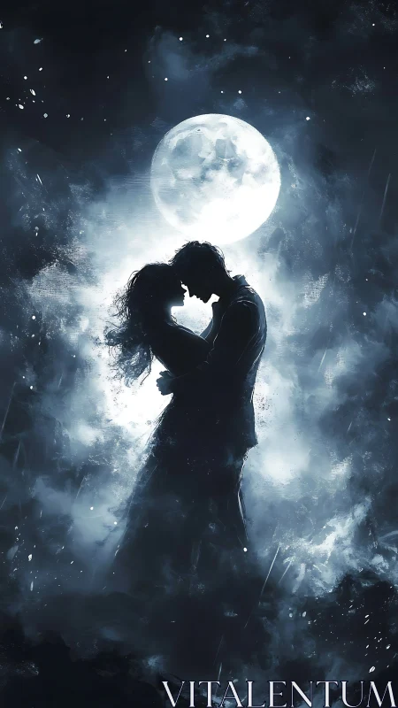Moonlit embrace beneath starlit cosmos.