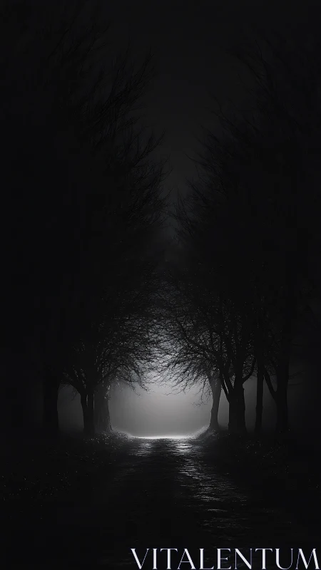 Moonlit forest tunnel encloses solitary night pathway.