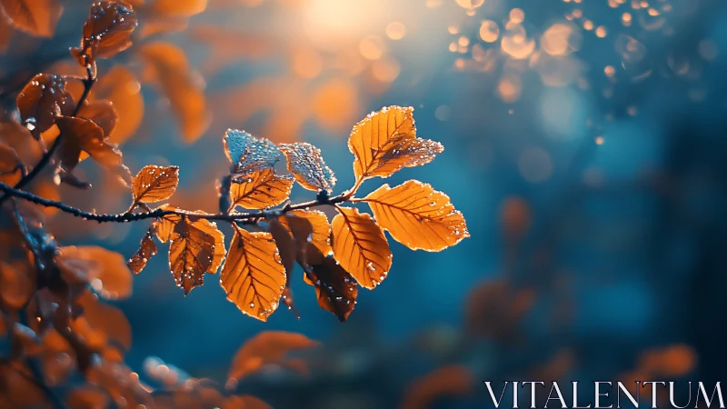 Orange leaves with dew against soft blue bokeh background.