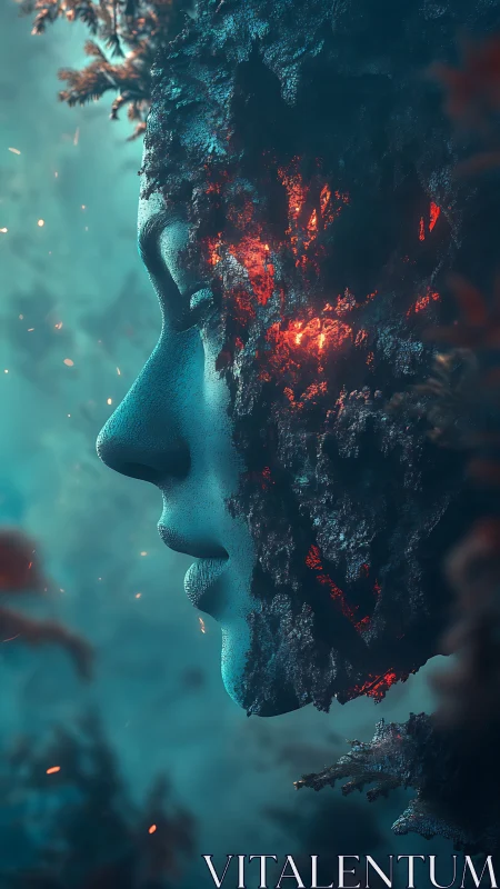 Elemental stone face glows with hidden volcanic fire