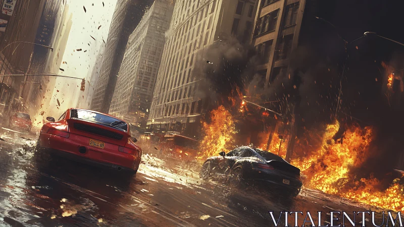 Urban Street Disaster: Red Car Evading Explosive Fireball