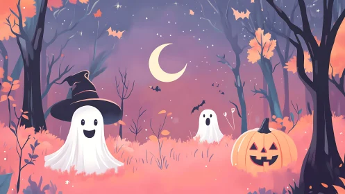 Friendly ghosts share a magical Halloween night in pink woods