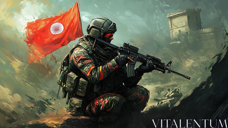 Digitally painted infantry soldier with rifle and red battle flag