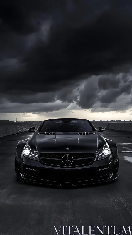 Stormy rooftop showdown with a sleek black Mercedes coupe.