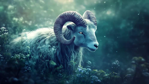 Moonlit ram oracle wandering through emerald forest hush.